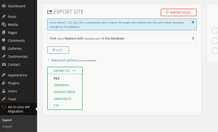 All-in-One Wp Migration Upload Step 1