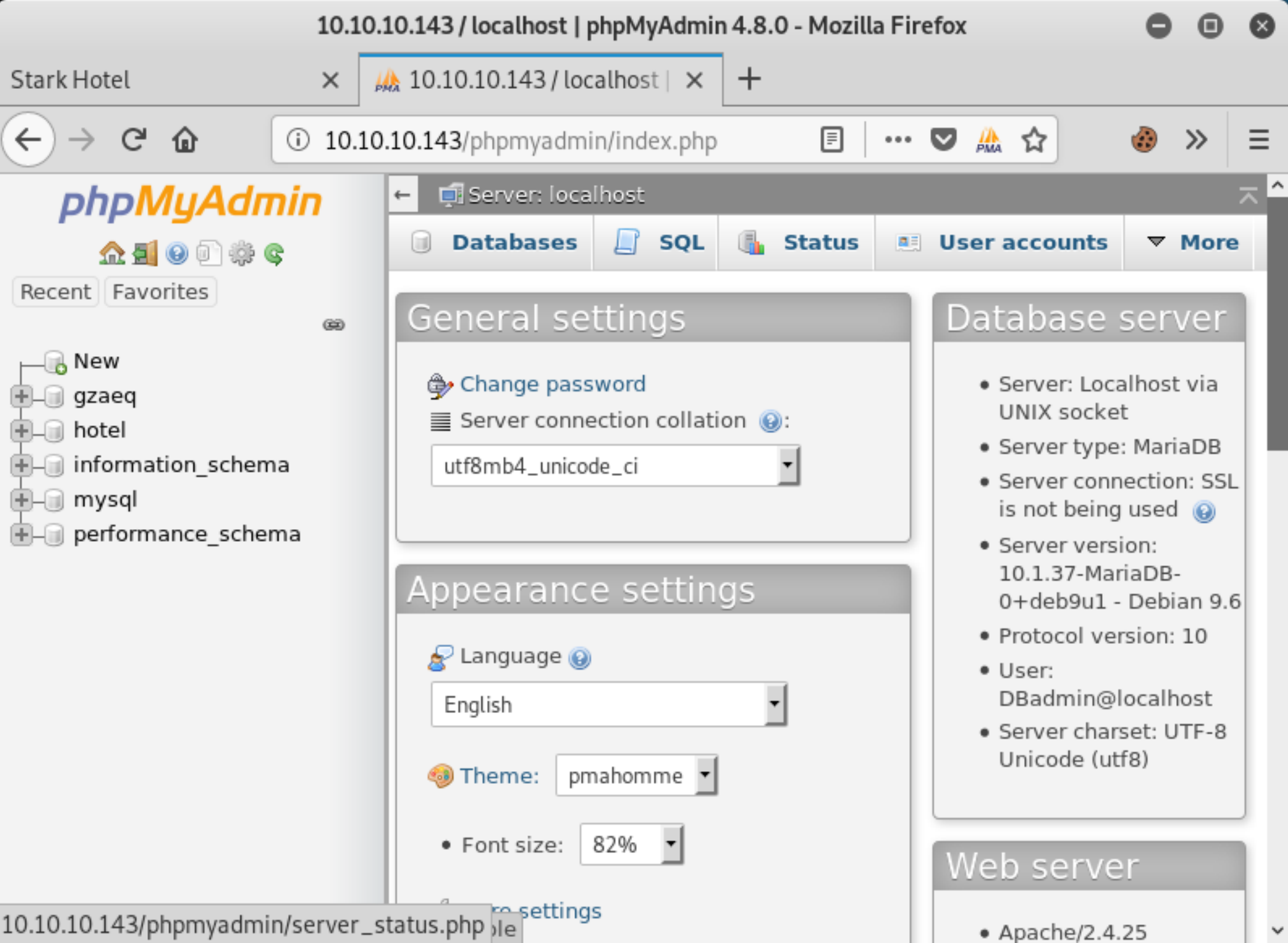 phpMyAdmin control panel.